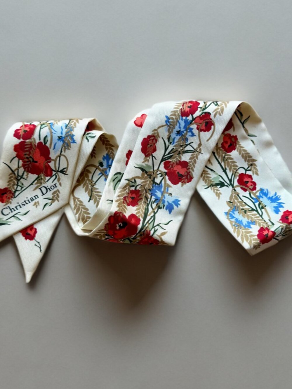 Christian Dior Ivory Red Blue Floral Botanical Silk Mitzah Scarf